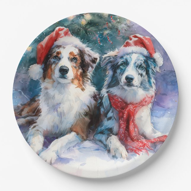 Plato de papel de Border Collie de Navidad (Anverso)