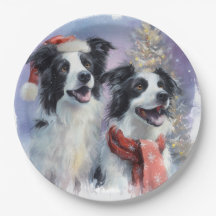 Plato de papel de Border Collie Navidad