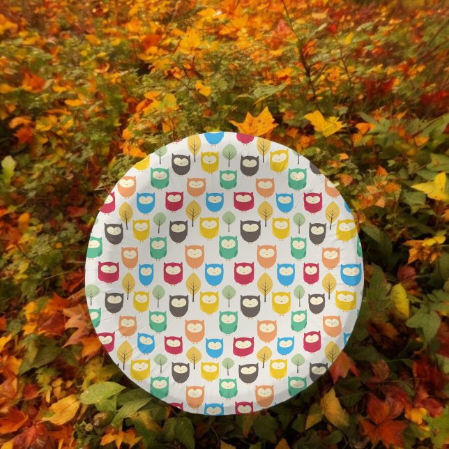 Plato de papel de búho de dibujos animados multico (owl cartoon theme,birthday,wedding,baby shower,special occasion event paper plate party supplies)