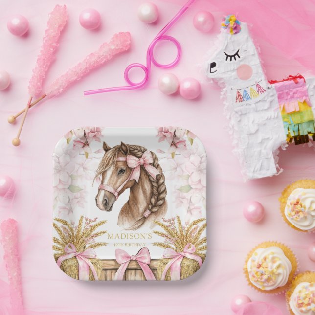 Plato de papel de caballo personalizado – Rosa sua (Fiesta)