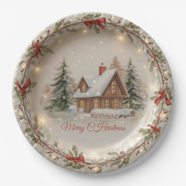 Plato de papel de cabaña de Navidad acogedora