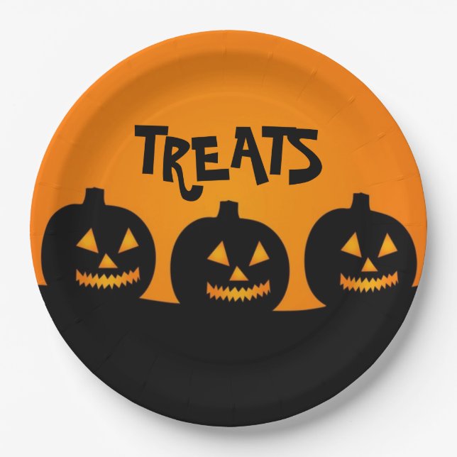 Plato de papel de calabaza y dulces de Halloween (Anverso)