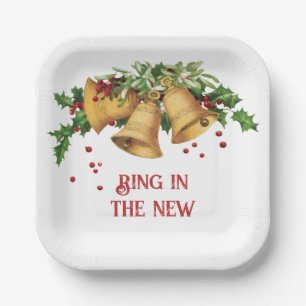 Plato de papel de campanas de oro vintage, acebo y