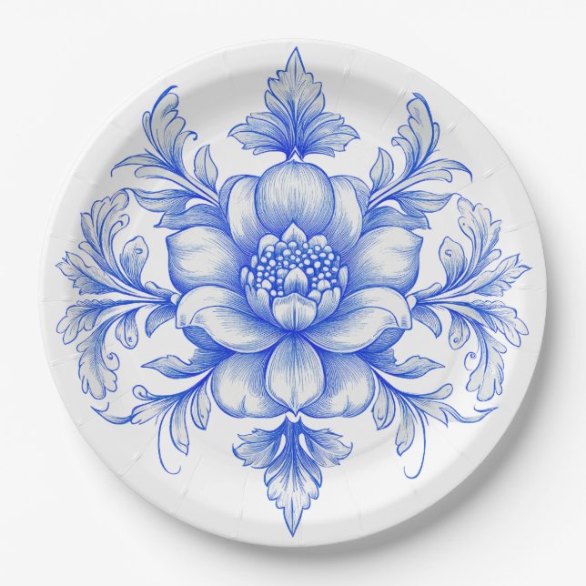 Plato de papel de chinoiserie azul y blanco (Anverso)