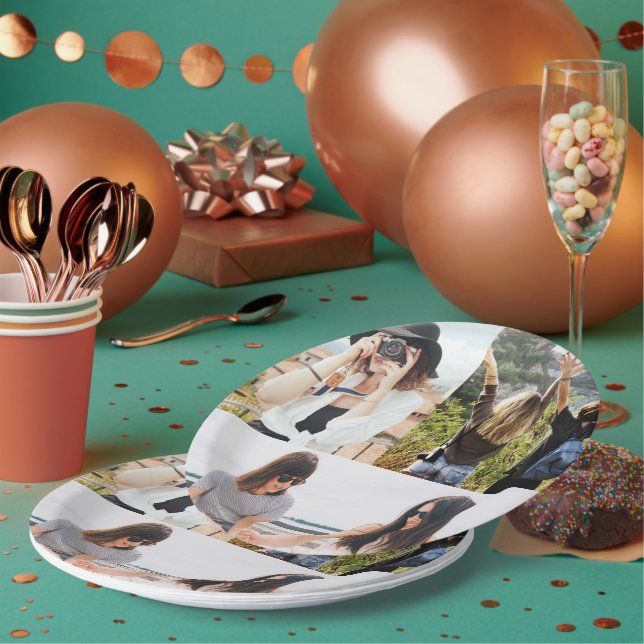 Plato de papel de collage de 3 fotos personalizada (Multi)