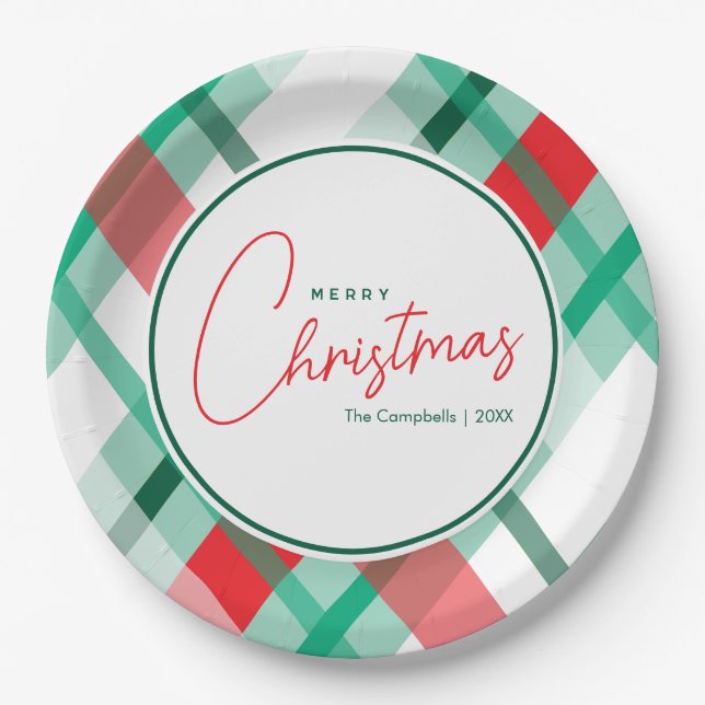 Plato de papel de cuadros de Navidad en rojo verde (Anverso)