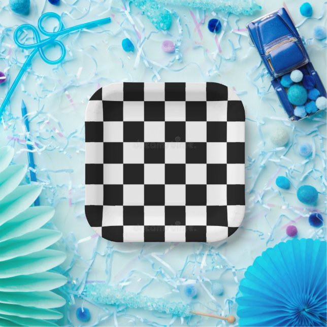 Plato de papel de cuadros en blanco y negro (Fiesta)