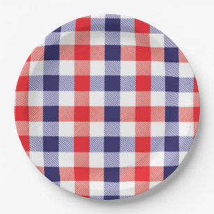 Plato de papel de cuadros patrióticos azules y roj