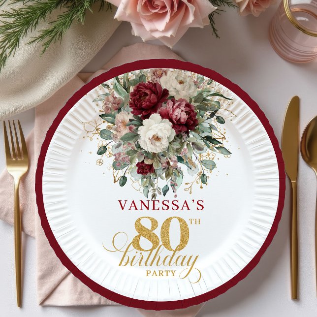 Plato de Papel de Cumpleaños 80 Boho Borgoña Eucal (Boho Burgundy Eucalyptus 80th Birthday Paper Plates)
