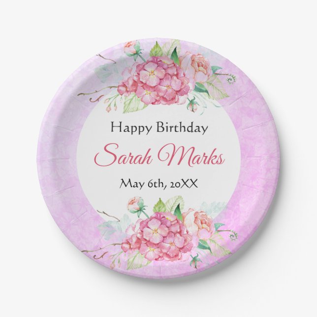 Plato de papel de cumpleaños botánico rosa (Anverso)