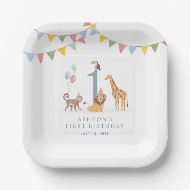 Plato de papel de cumpleaños con animales de safar (Anverso)