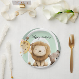 Plato de papel de cumpleaños con animales y arcoír