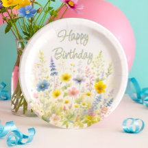 Plato de papel de cumpleaños con flores silvestres