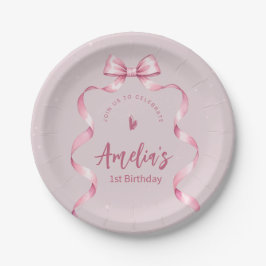 Plato de papel de cumpleaños Coquette con lazo ros
