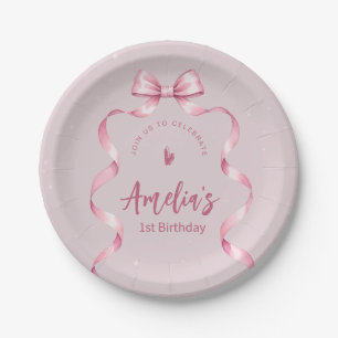 Plato de papel de cumpleaños Coquette con lazo ros