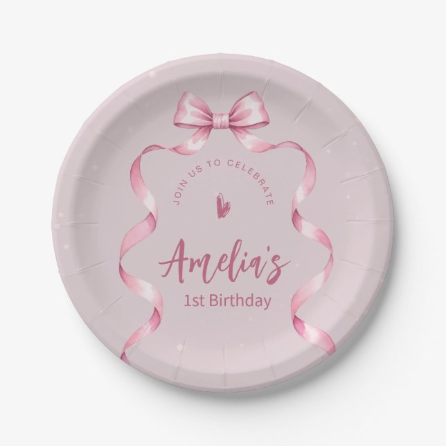 Plato de papel de cumpleaños Coquette con lazo ros (Anverso)