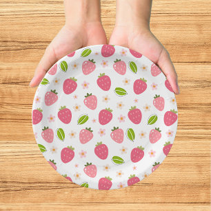 Plato de papel de cumpleaños de fresa rosa lindo p