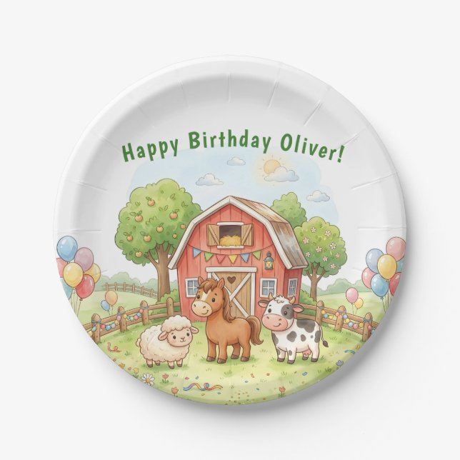 Plato de papel de cumpleaños de granja adorable (Anverso)