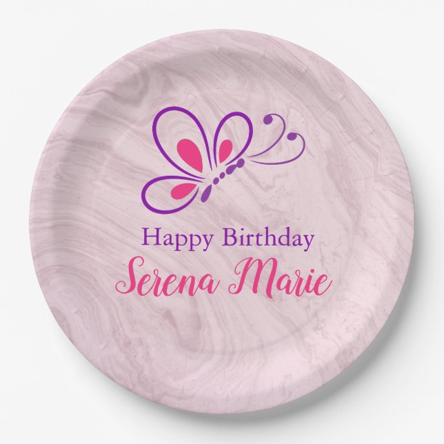 Plato de papel de cumpleaños de mariposa para niña (Anverso)