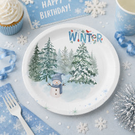 Plato de papel de cumpleaños de muñeco de nieve in