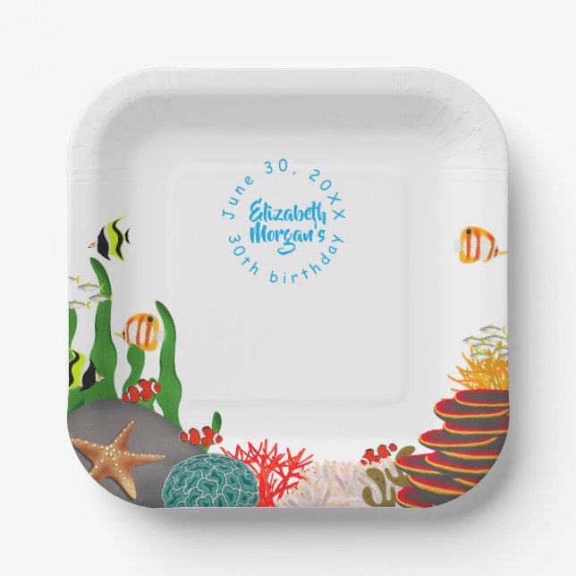 Plato de papel de cumpleaños de plantas de peces b (Anverso)