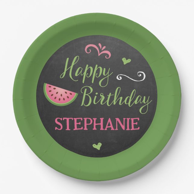 Plato de papel de cumpleaños de sandía personaliza (Anverso)