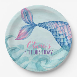 Plato de papel de cumpleaños de sirena acuarela
