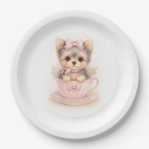 Plato de papel de cumpleaños de Yorkie taza de té 