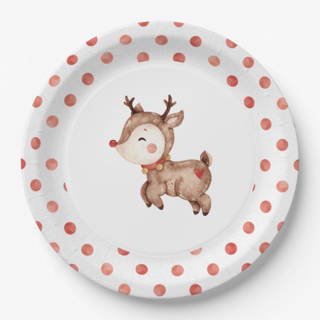 Plato de papel de cumpleaños del reno de Navidad (Anverso)