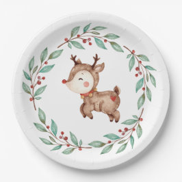 Plato de papel de cumpleaños del reno de Navidad
