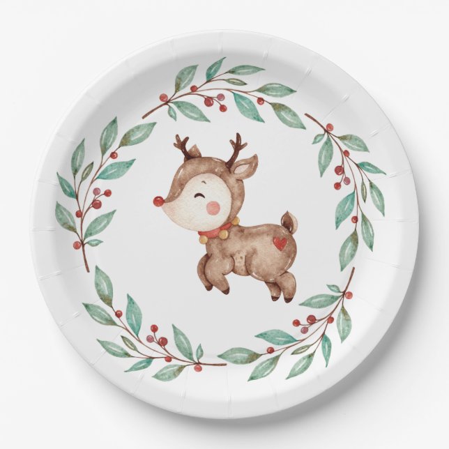Plato de papel de cumpleaños del reno de Navidad (Anverso)