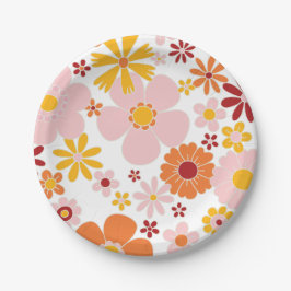 Plato de papel de cumpleaños floral retro naranja 