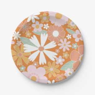 Plato de papel de cumpleaños floral retro naranja 