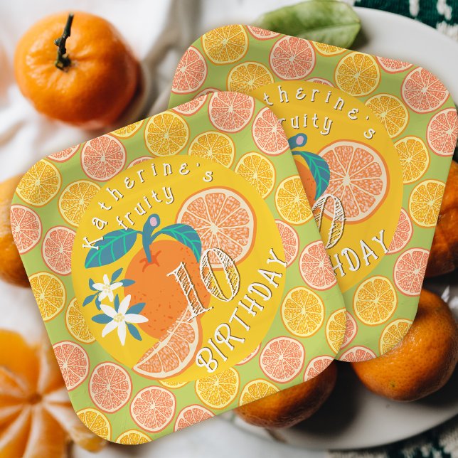 Plato de papel de cumpleaños naranja afrutado 10º (Orange Fruity Birthday Party Plate.)