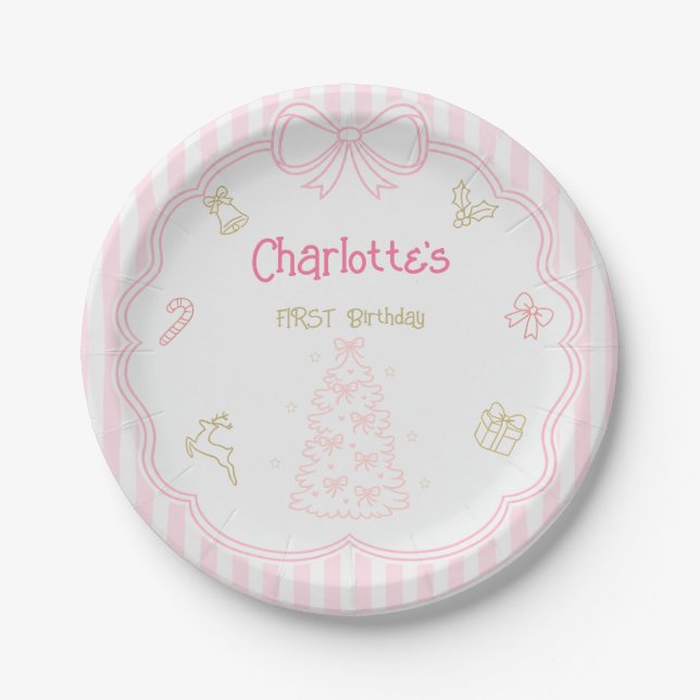 Plato de papel de cumpleaños número uno rosa de Na (Anverso)