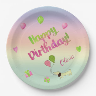 Plato de papel de cumpleaños pastel rosa y verde
