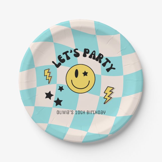 Plato de papel de cumpleaños retro azul pastel Pre (Anverso)