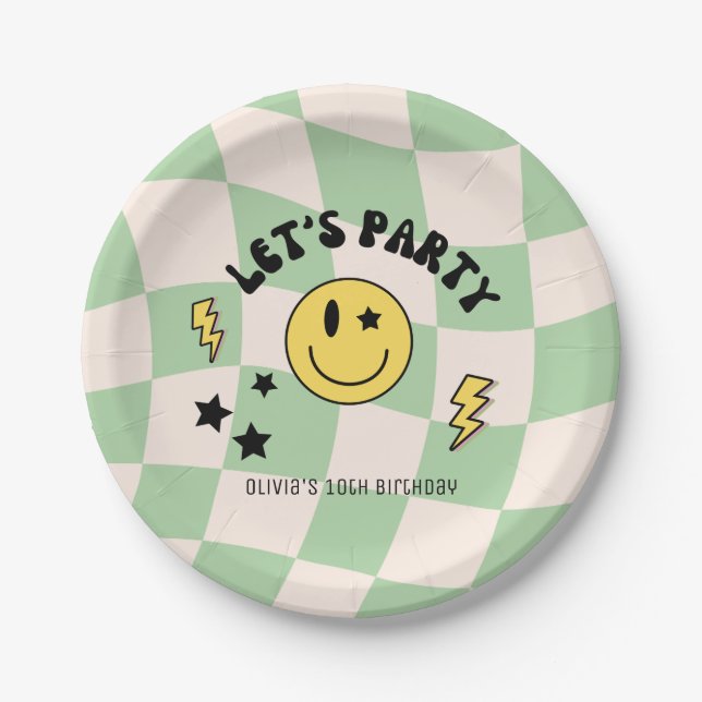 Plato de Papel de Cumpleaños Retro Verde Sage Prep (Anverso)