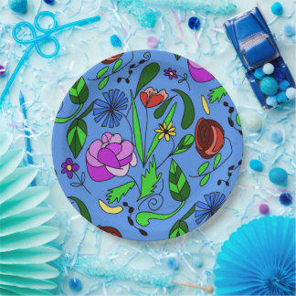 Plato de papel de dibujo floral vibrante mixto