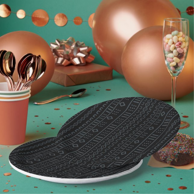 Plato de papel de diseñador de tela Mudcloth negro (Multi)