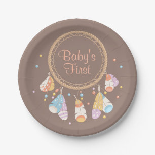 Plato De Papel De Dreamcatcher Boho del bebé 1r cumpleaños trib