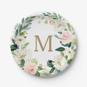 Plato de papel de ducha nupcial con monograma flor