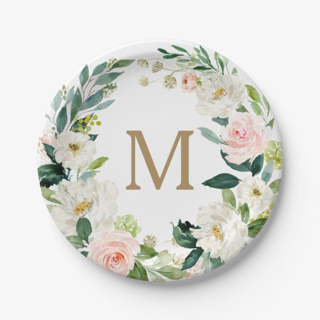 Plato de papel de ducha nupcial con monograma flor (Anverso)