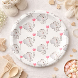 Plato de papel de elefante bebé con corazón rosa