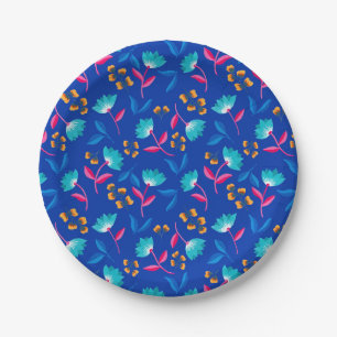 Plato de papel de fiesta campestre con flores azul