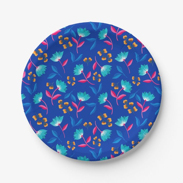 Plato de papel de fiesta campestre con flores azul (Anverso)