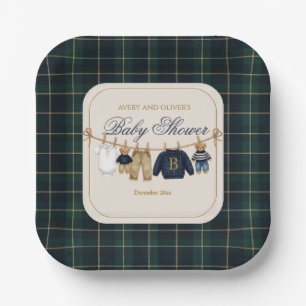 Plato de papel de fiesta de bebé de cuadros con os