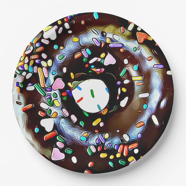 Plato de papel de fiesta de donut de chocolate con (Anverso)