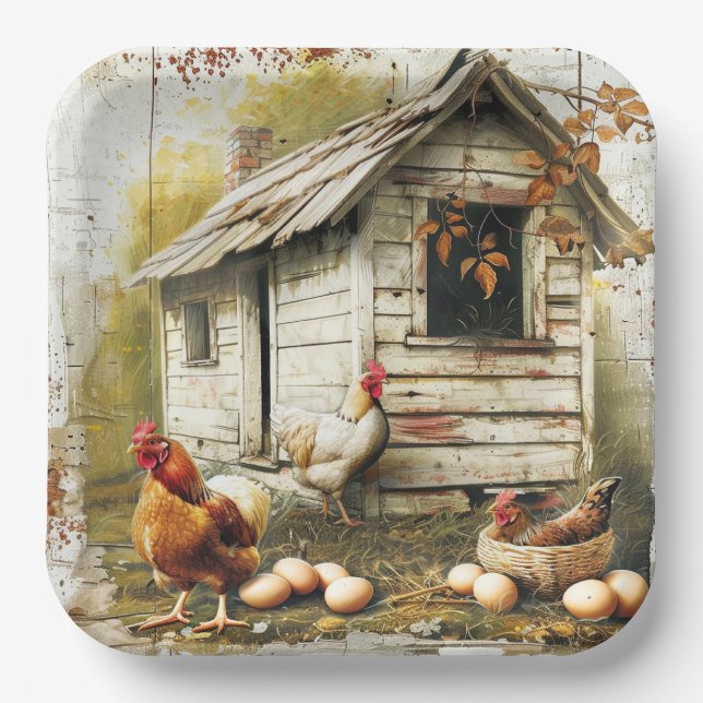 Plato de Papel de Fiesta de Huevos y Gallinas (Anverso)