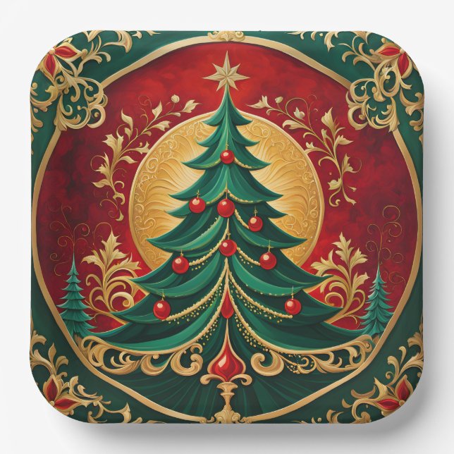 Plato de Papel de Fiesta del Árbol de Navidad (Anverso)